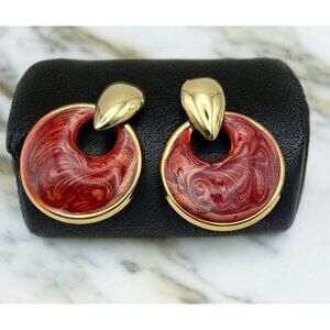 Vintage Gold Tone Dangle Earrings Red Swirl Enamel Retro 80s Door Knocker